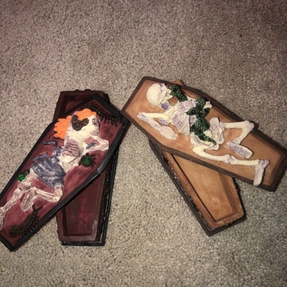 Halloween Gothic Goth‎ Skeleton Coffin Casket Trinket Ring Box Set (2) New - Picture 2 of 12